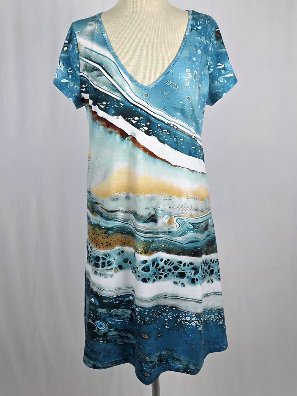 Women’s Noracora Teal Watercolor V-Neck Midi Dress Size XL